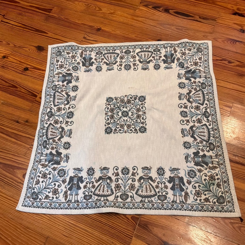 Vintage Folk Art Woven Tablecloth Made in Austria Cotton Linen Square 36" READ